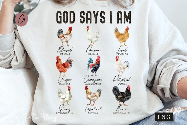 Gud säger att jag är kyckling PNG, bondgård PNG, kristen PNG, kyckling sublimeringsdesign, bibelvers PNG, digital nedladdning bild 1