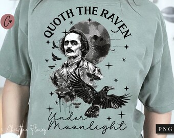 Cita del cuervo bajo la luz de la luna gótica PNG, Poeta torturado PNG, Camiseta de literatura oscura, Diseño de sublimación gótica, Club de lectura literario PNG