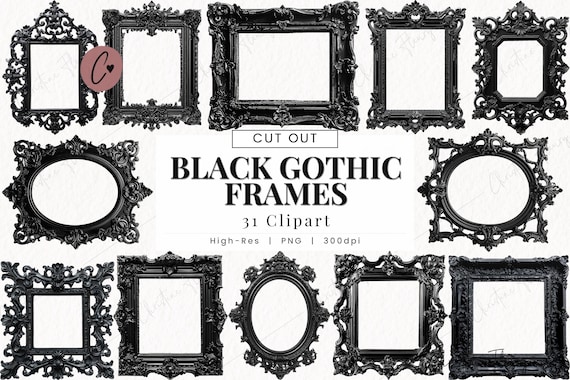 Black Gothic Frames Clipart, Goth PNG, Frame Overlay Clipart, Gothic Sublimation, Vintage Frames PNG Instant Download for Commercial Use