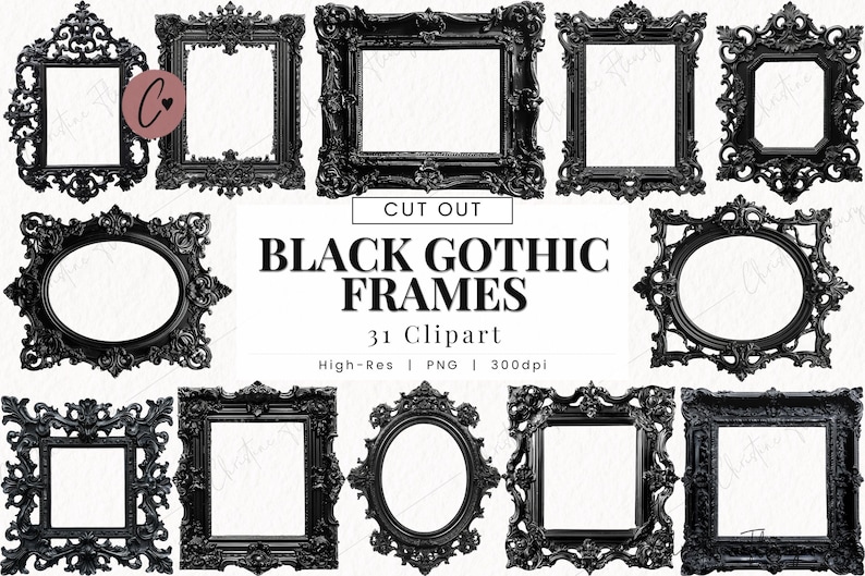 May include: A set of 31 black gothic style picture frames with ornate details. The frames are all different sizes and shapes, and they are perfect for adding a touch of gothic elegance to any room.