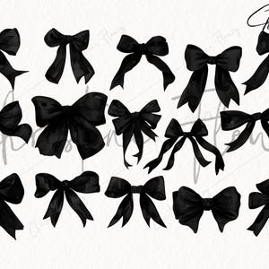 May include: A selection of black watercolour bows in different styles. The bows are displayed on a white background, with a handwritten signature and a small heart in the top right corner. The bows vary in size and design.