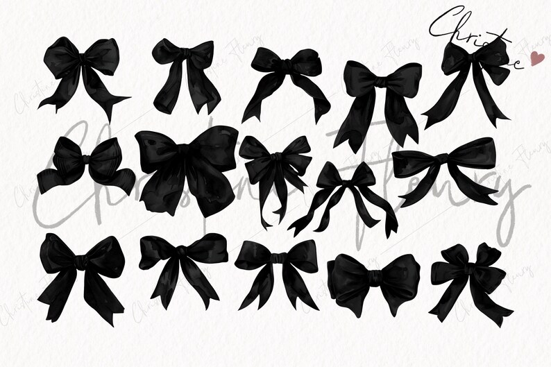 May include: A selection of black watercolour bows in different styles. The bows are displayed on a white background, with a handwritten signature and a small heart in the top right corner. The bows vary in size and design.