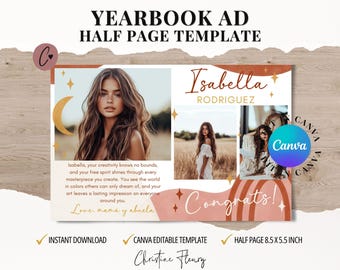 Boho Half Page Yearbook Ad Template, High School Senior Yearbook Ad Canva Template, Graduation Tribute, Personalized Photo School Ad