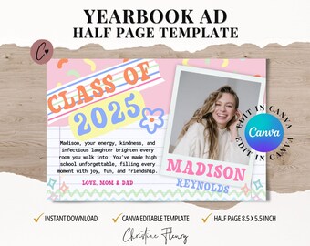 Preppy Half Page Yearbook Ad Template, High School Senior Yearbook Ad Canva Template, Graduation Tribute, Personalized Photo School Ad