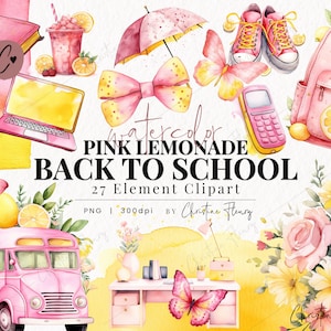 Clipart de volta às aulas de limonada rosa aquarela, clipart de escola aquarela, aquarela PNG, PNG download instantâneo para uso comercial