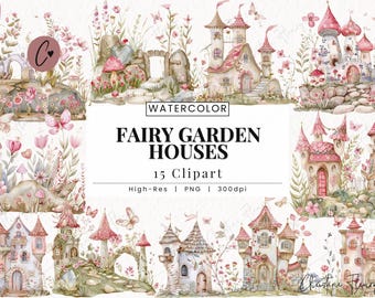May include: Watercolor clipart set of 15 fairy garden houses. The houses are pink and white with intricate details and are surrounded by flowers and greenery. The text "WATERCOLOR FAIRY GARDEN HOUSES 15 Clipart High-Res | PNG | 300dpi" is at the bottom of the image.