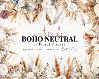 Watercolor Boho Neutral Floral Clipart, Watercolor Flower Clipart, Watercolor PNG, PNG Instant Download for Commercial Use