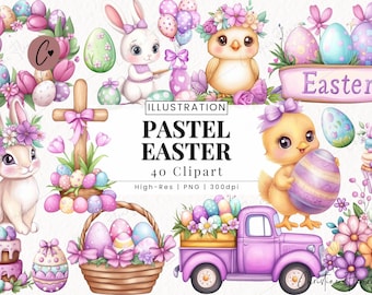 Pastel Easter Clipart Bundle, Easter PNG, Cute Easter Clipart, Kids Easter Designs Instant Download for Commercial Use