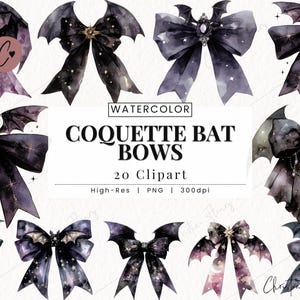 Watercolor Coquette Bat Bows Clipart, Halloween Clipart, Coquette PNG, Spooky Bow PNG Instant Download for Commercial Use