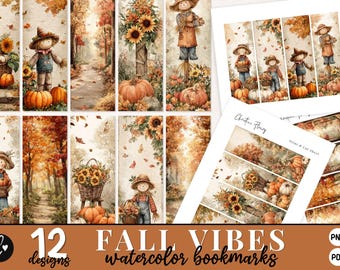 Fall Vibes Bookmark Bundle, Printable Autumn bookmark, Cozy Fall Pumpkin, Bookclub Bookmark, Printable Fall Watercolor Bookmarks