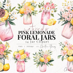 Watercolor Pink Lemonade Floral Jars Clipart, Watercolor Flower Clipart, Watercolor PNG, PNG Instant Download for Commercial Use