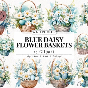 青いデイジーの花かごのクリップアート、春の PNG、イースターエッグ PNG、青い花の PNG 商用利用のための即時ダウンロード