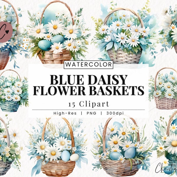 Blue Daisy Flower Baskets Clipart, Spring PNG, Easter Eggs PNG, Blue Flowers PNG Instant Download for Commercial Use
