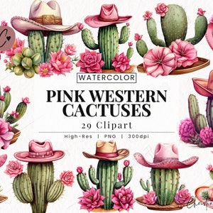 Cactus occidentales rosados en acuarela, imágenes prediseñadas, día de San Valentín de vaqueros PNG, San Valentín PNG, descarga instantánea de vaqueros PNG para uso comercial