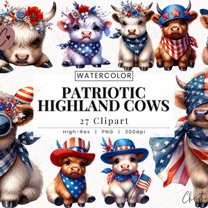 Vaterländische Highland Kuh Clipart, 4. Juli Png, Highland Kuh PNG, süße amerikanische Kuh Sofortiger Download für kommerzielle Nutzung