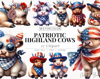 Vaca de las Tierras Altas Patrióticas Clipart, 4 de julio Png, Vaca de las Tierras Altas PNG, Linda Vaca Americana Descarga Instantánea para Uso Comercial