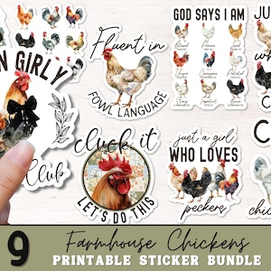 Bundle d'autocollants de poulet de ferme PNG, imprimable ferme Girly autocollants, Boho poulet PNG, ferme PNG pour un usage Commercial