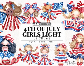 Clipart de chicas del 4 de julio, clipart patriótico de acuarela, PNG del Día de la Independencia, descarga instantánea de American Girly para uso comercial