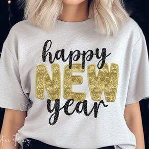 Bonne année PNG avec fausses paillettes, sublimation du nouvel an, paillettes de broderie, paillettes d'or, téléchargement numérique