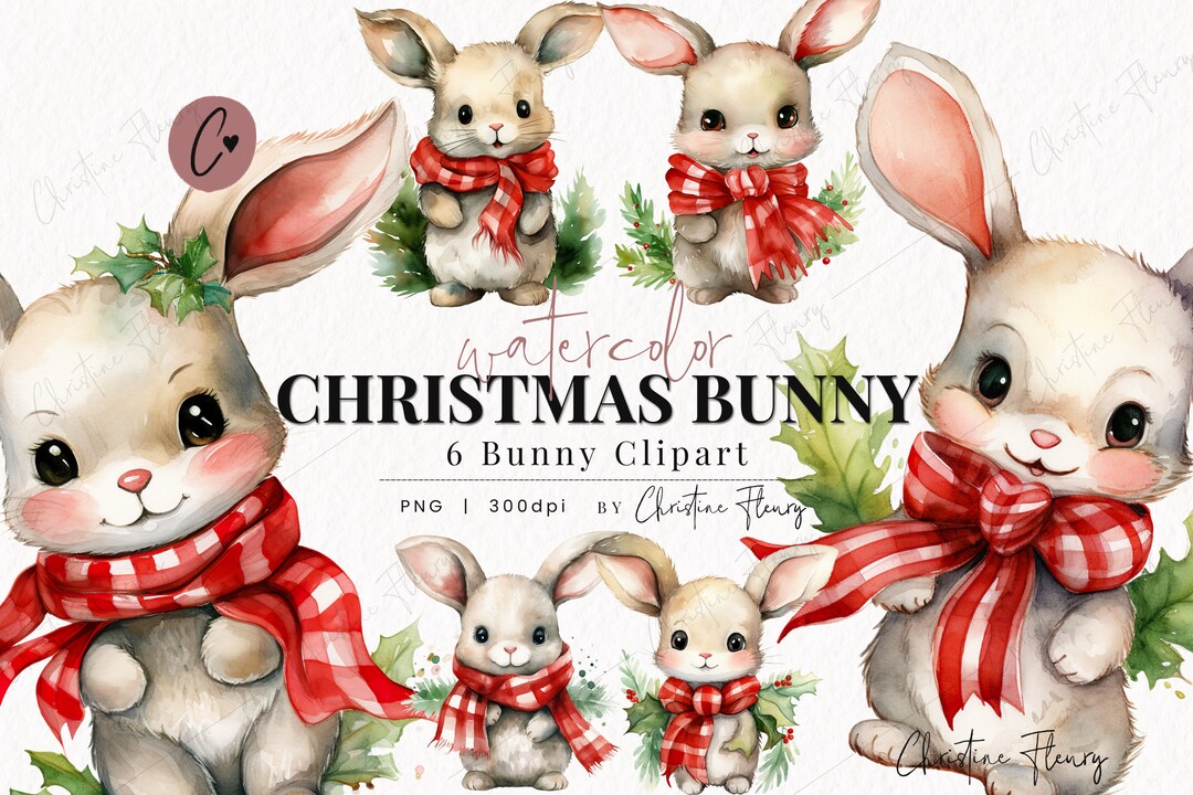 Watercolor Christmas Bunnies Clipart, Watercolor Christmas Clipart ...