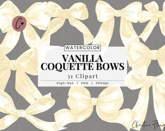 Watercolor Vanilla Coquette Bows Clipart, Beige Bow Clipart, Coquette PNG, Vanilla Girly PNG Instant Download for Commercial Use