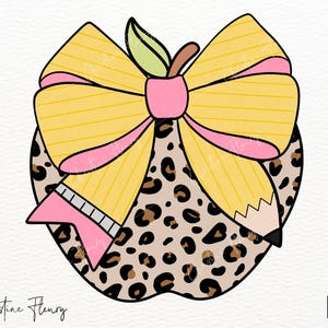 Coquette Teacher Pencil Bow PNG, Back To School PNG, Custom Teacher Name Apple, In My Teacher Era Png, Leopard Print School
