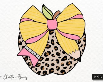Coquette Teacher Pencil Bow PNG, Back To School PNG, Custom Teacher Name Apple, In My Teacher Era Png, Leopard Print School