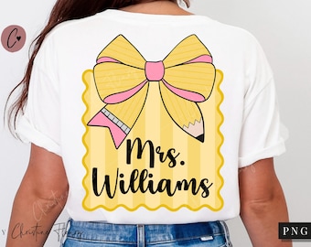 Custom Coquette Teacher Name Tag PNG, Back To School PNG, Pencil Bow Coquette Teacher, Girly Teacher Soft Girl Png