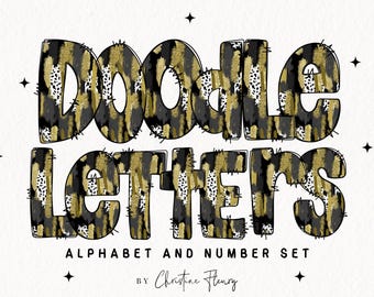May include: Doodle Letters alphabet and number set featuring black, gold, and white animal print letters.