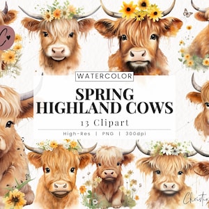 Spring Highland Cow Clipart, Highland Cow PNG, Spring PNG, Flower Cow PNG Instant Download for Commercial Use
