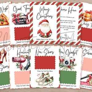 May include: A collection of Christmas-themed gift card holders with various illustrations. The cards feature images of pizza, a car, Santa Claus, shoes, a camera, and school supplies. Each card has a red and green border and space for a gift card.