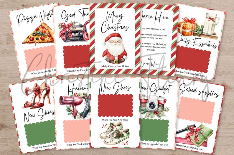 May include: A collection of Christmas-themed gift card holders with various illustrations. The cards feature images of pizza, a car, Santa Claus, shoes, a camera, and school supplies. Each card has a red and green border and space for a gift card.