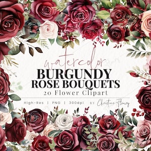 Buquês de rosas cor de vinho em aquarela, clipart de casamento em aquarela, Weddingcore PNG, PNG Download instantâneo para uso comercial