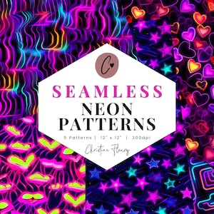 Neon Digital Paper Mini Pack, Seamless Neon Patterns, Printable Techno Paper, Sublimation background for Commercial Use