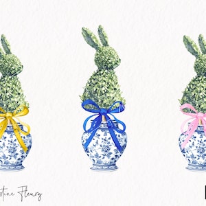 Watercolor Easter Topiary Bunny Clipart, Easter Clipart, Spring PNG, Grand Millennial Chinoiserie Instant Download for Commercial Use