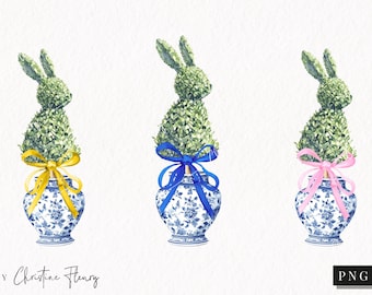 Watercolor Easter Topiary Bunny Clipart, Easter Clipart, Spring PNG, Grand Millennial Chinoiserie Instant Download for Commercial Use