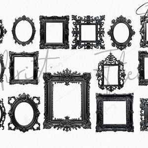 May include: A set of 12 black ornate picture frames with various sizes and shapes. The frames have a decorative, intricate design with a black finish.