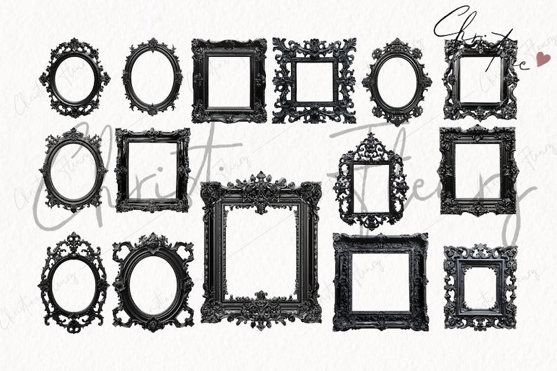 May include: A set of 12 black ornate picture frames with various sizes and shapes. The frames have a decorative, intricate design with a black finish.