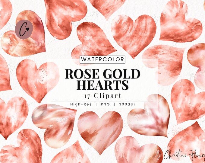 20 Pink & Gold Hearts Clipart PNG, Elegant Watercolor Valentine Hearts ...