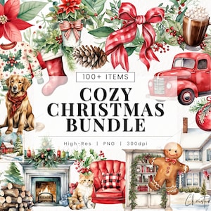 Enorme paquete acogedor de Navidad en acuarela, imágenes prediseñadas navideñas en acuarela, PNG navideño, descarga instantánea PNG para uso comercial