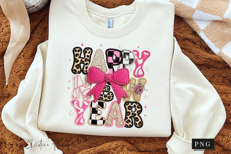 Pode incluir: Camisola creme com as palavras "HAPPY NEW YEAR" num design colorido e divertido. O texto inclui estampados de leopardo, rosa, dourado e padr&otilde;es de xadrez, com um grande la&ccedil;o rosa no centro. Uma pe&ccedil;a festiva e elegante.