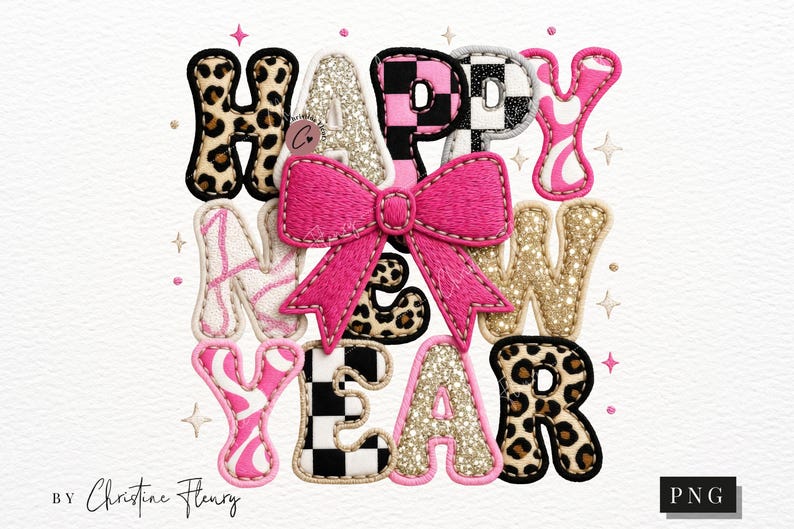 Pode incluir: Um design gr&aacute;fico colorido que diz "HAPPY NEW YEAR" com um grande la&ccedil;o rosa. As letras apresentam v&aacute;rios padr&otilde;es, incluindo estampa de leopardo, glitter e designs xadrez. O design &eacute; definido em um fundo branco com pequenos detalhes de estrelas.