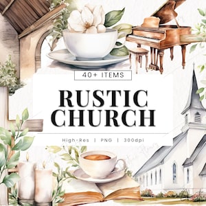 Paquete de imágenes prediseñadas de iglesia rústica en acuarela, PNG religioso, PNG de iglesia en acuarela, PNG cristiano, descarga instantánea para uso comercial