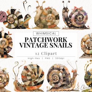 Patchwork slakken eigenzinnigheid clipart, grillige vintage clipart, junk Journal, vintage bos PNG Instant Download voor commercieel gebruik