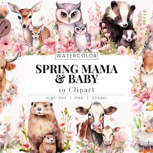 Clipart de mãe e bebê de primavera em aquarela, primavera PNG, mamãe e eu PNG, bebê animal PNG Download instantâneo para uso comercial