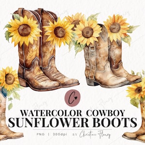 Aquarell Sonnenblume Cowboy Boots Clipart, Aquarell Sonnenblume Clipart, Cowboy PNG, PNG Sofort-Download für kommerzielle Nutzung