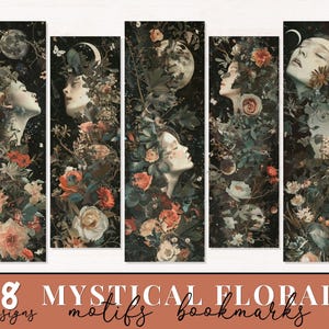 Mystieke bloemmotieven bladwijzer ontwerpen, afdrukbare bloem bladwijzers, afdrukbare surrealistische bladwijzer, bloem PNG voor commercieel gebruik
