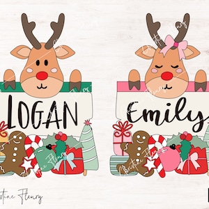 Porta-nome de Natal de rena PNG, Sublimação de Natal, Placa de nome personalizada PNG, Camisa com nome de criança de Natal, Sacola de Papai Noel PNG