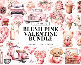 May include: A watercolor illustration set of blush pink Valentine's Day themed graphics. The set includes a hot air balloon, a typewriter, a cupcake, a vintage truck, a bouquet of flowers, a cake, a coffee cup, a box of chocolates, a key, a bottle of champagne, a teddy bear holding a heart, a jar of cookies, a scooter, a cocktail, a popcorn bucket, a puppy in a teacup, a picnic basket, and two glasses of champagne. The set is perfect for creating Valentine's Day cards, invitations, and other crafts.