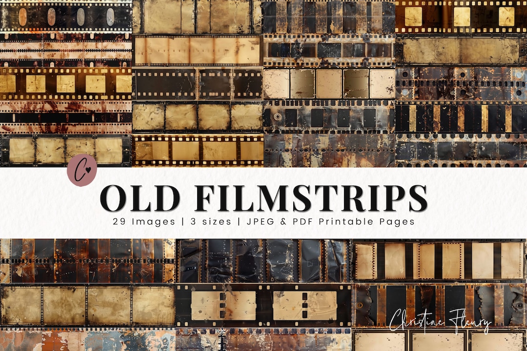 Vintage Old Filmstrip Paper, 58 Grungy Printable Film Strips in Black ...